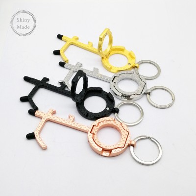 Metal EDC Hands Free Self Defense Hygienic No Touch Door Opener Holder Key Ring Touchless Door Opener Tool with Stylus